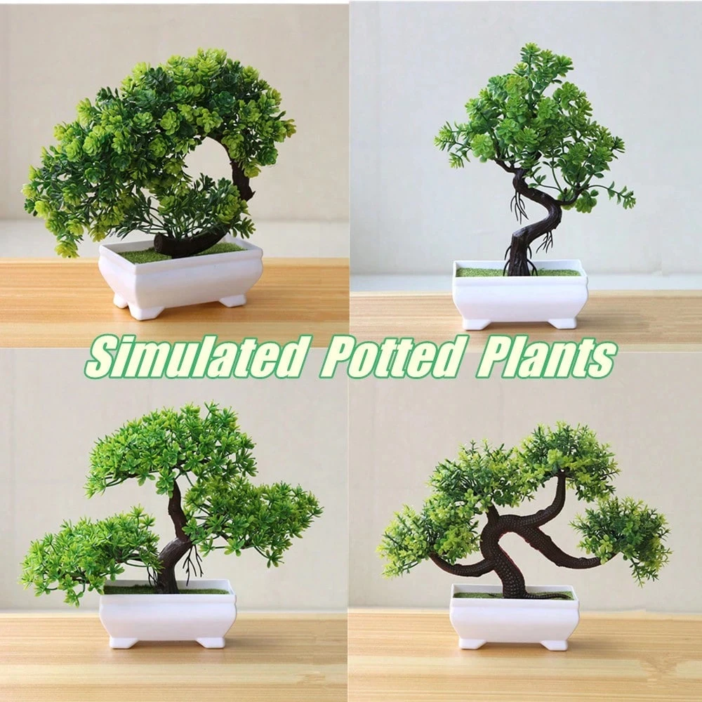 4Pcs Artificial Bonsai Tree, Fake Potted Plants, Small Plastic Green Trees for Home Office Decor, Gift for Birthday Wedding