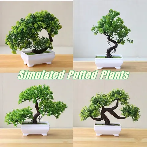 4Pcs Artificial Bonsai Tree, Fake Potted Plants, Small Plastic Green Trees for Home Office Decor, Gift for Birthday Wedding