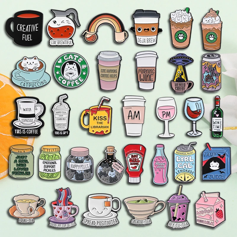 31 Types Funny Coffee Cup Enamel Pin Creative Bottle Container Brooch Funny Animal Cat Pot Lapel Badge Jewelry Gift for Friends