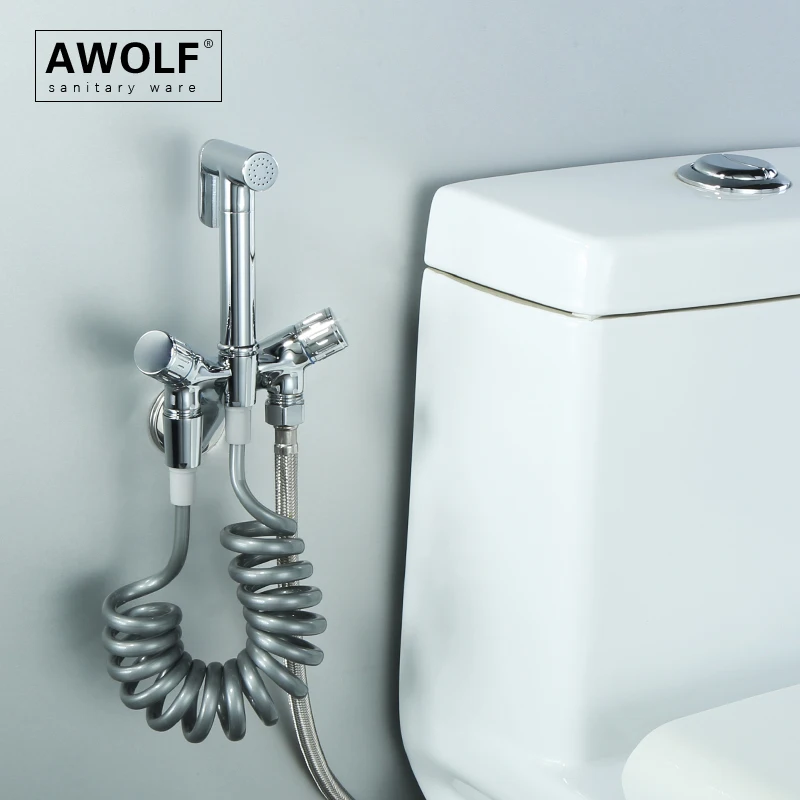 Awolf Chrome Hygienic Shower Solid Brass Toilet Bidet Sprayer Dual Handles Single Hole Anal Shower System Shattaf Rinser AP2345