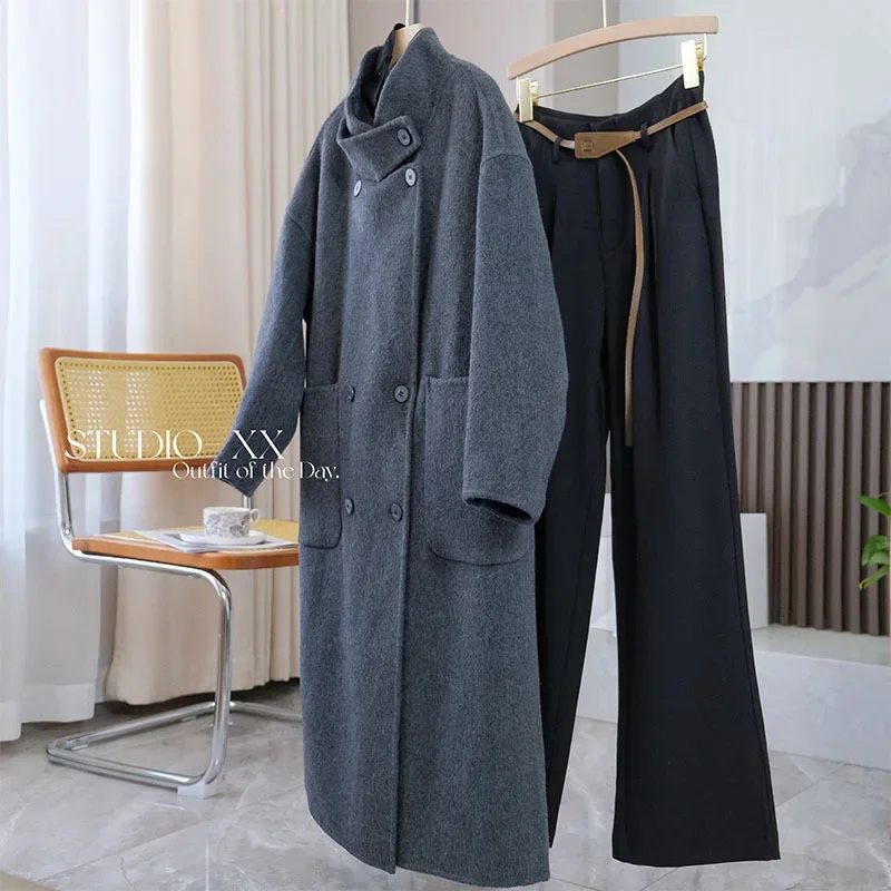 

Korean blogger style! Penny-level double-sided wool, classic temperament gray silhouette medium long coat coat female winter