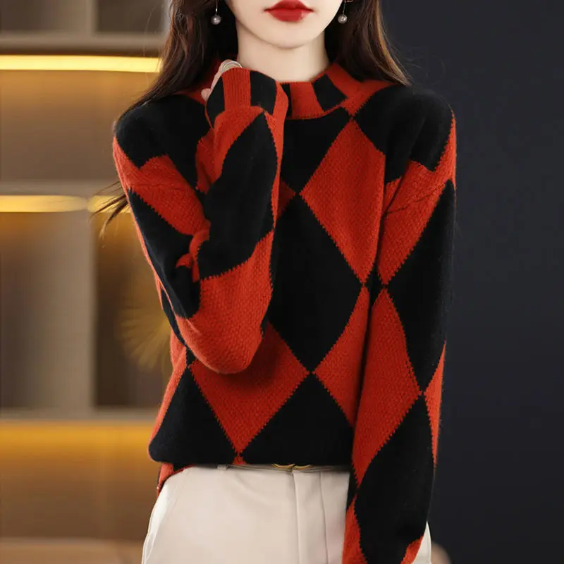 Vintage Argyle Contrasting Colors Sweaters Patchwork Stylish Half High Collar Autumn Winter Female Screw Thread Knitted Jumpers