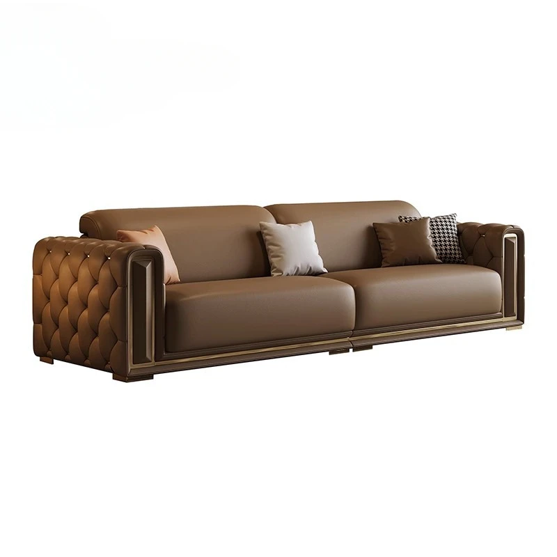 American light luxury leather sofa, living room, simple modern high-end brown top layer cowhide sofa