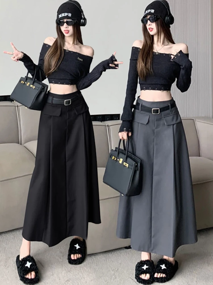 

Vintage High Waist Pleated Long SkirtWomen Grey Black Harajuku Skirts Female2023 Autumn Students Japanese Fashion A-Line Skirt