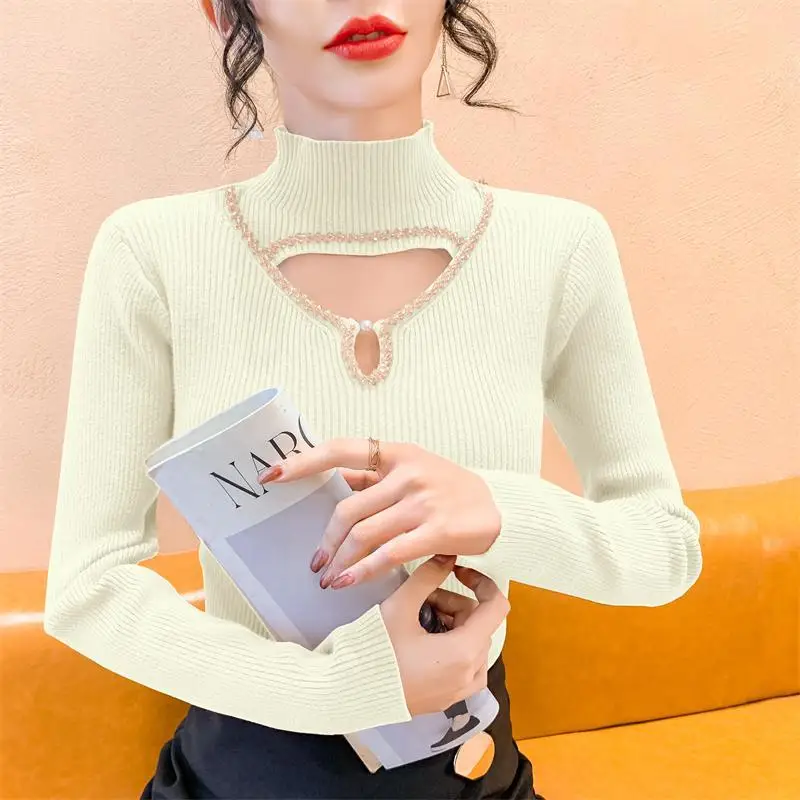 New Hollowed Out Nail Drill Knitted Base Sweater Semi High Neck Knitted Base Sweater Women\'s Inner Top