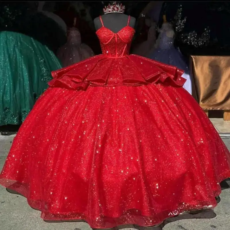 

Custom Made Red Quinceanera Dress 2025 Ball Gown Vestidos De 15 Anos Princess Sweet 16 Dress Beading XV Birthday Spaghetti Gown