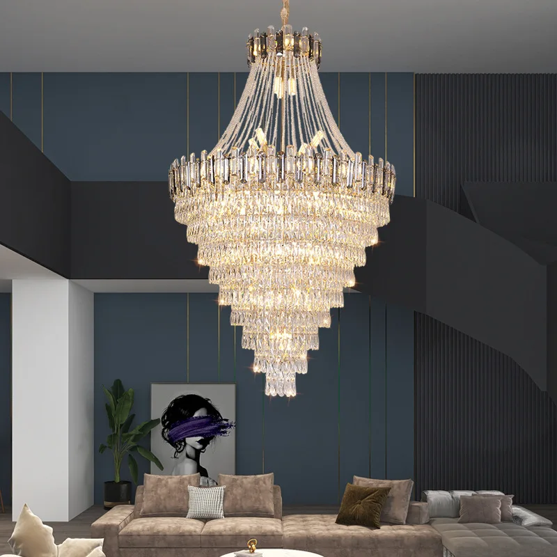 Modern And Minimalist LED Crystal Chandelier Duplex Building Villa Living Room Light Luxury Hall Staircase Chandelier Lighting