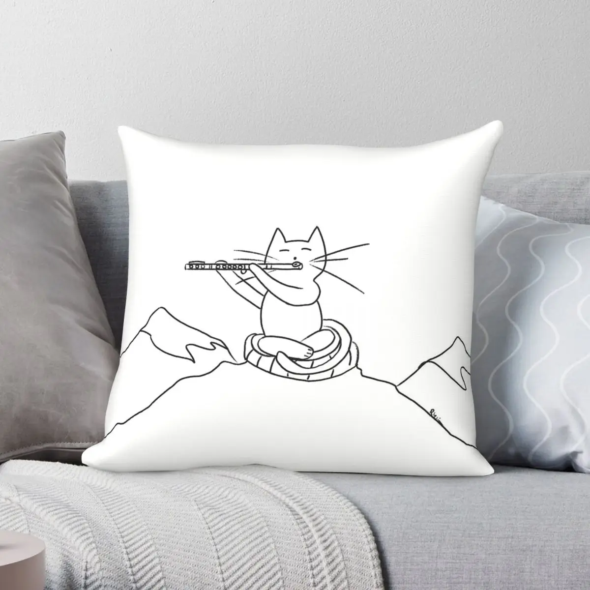Flute Zen Cat Square Pillowcase Polyester Linen Velvet Creative Zip Decorative Sofa Seater Cushion Cover