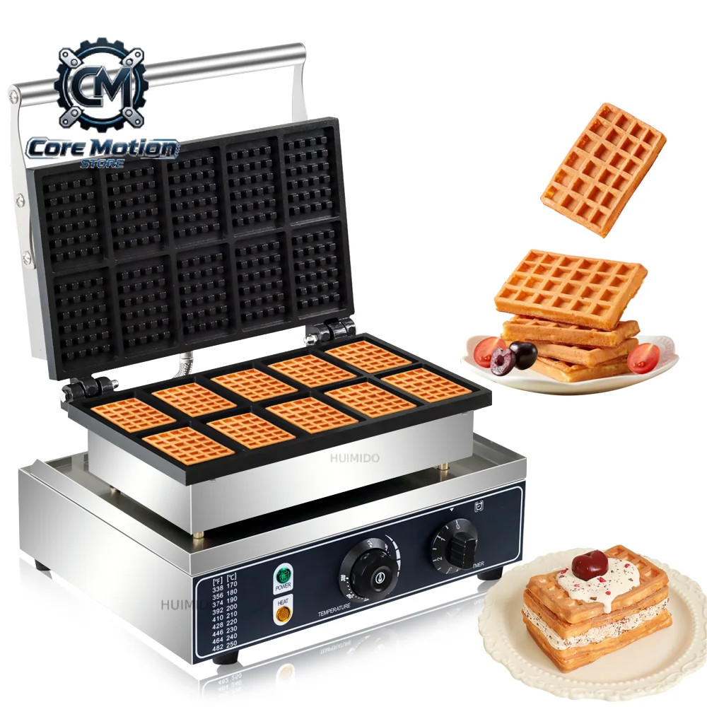 HPH2O Commercial Waffle Maker 10PCS Square Shape Waffle Machine 1550W Waffle NonStick Coating Baking and Dessert Maker