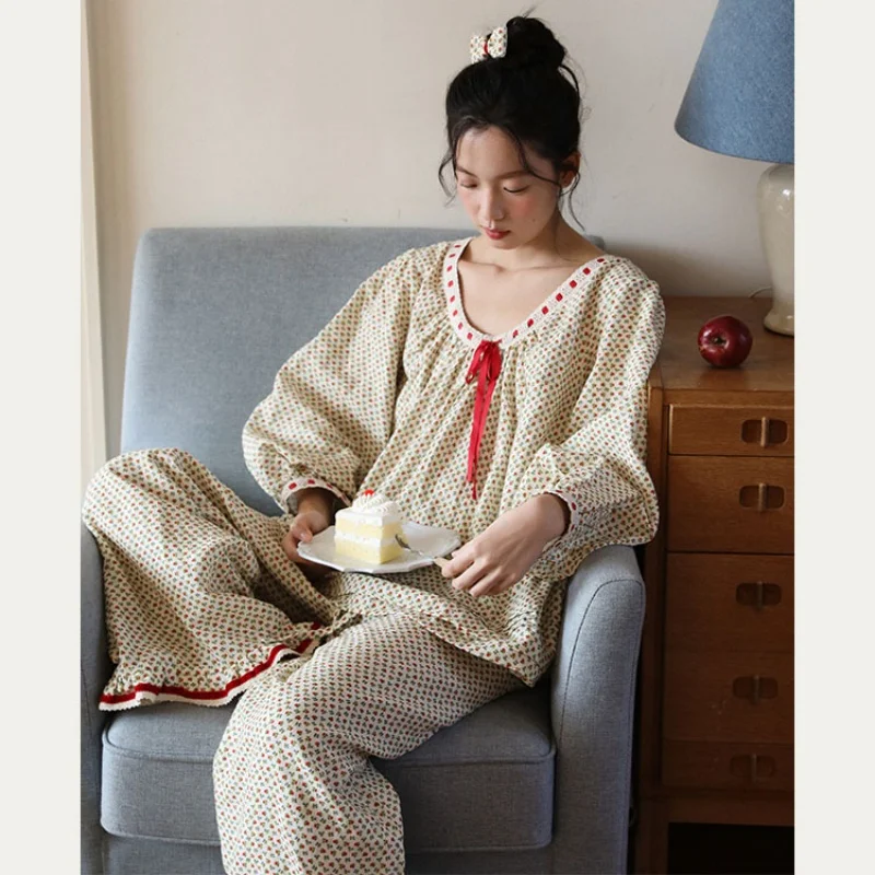 

Women Spring 100% Two Layers Gauze Cotton Sleepwear Sweet Floral Printing Full Sleeves Pajamas Loose Design Long Pants Pyjamas