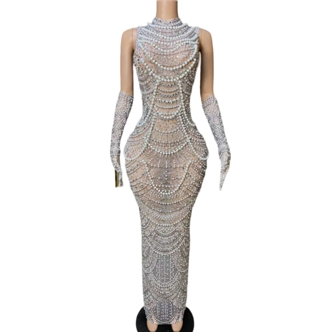 

Luxury Pearl Rhinestone Long Dress With Gloves For Women Sleeveless Wedding Birthday Evening Dressy Drag Queen Costume Night