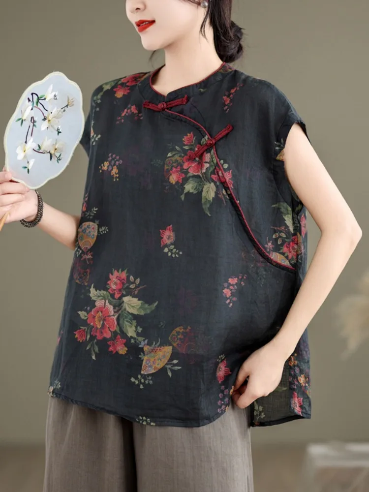 

Retro Chinese Style Short Sleeve Flax Shirt Women's Summer New Style Side Buttoned Loose Fit Artistic Zen Tea Clothing
