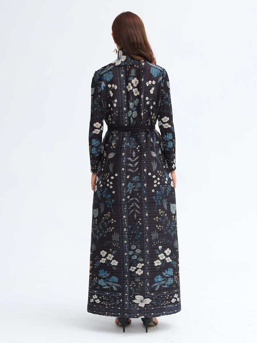 Miyake Plissee Abaya Umlegekragen Vintage Gedruckt Langarm Kleid Frauen 2025, Neue Designer Abayas Mode Lange Lose Mantel