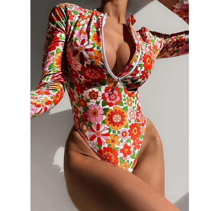 

Купальный костюм с длинными рукавами, костюм для серфинга, пляжная одежда с цветочным принтом, цельный купальник на молнии, женский сексуальный монокини, боди для купания