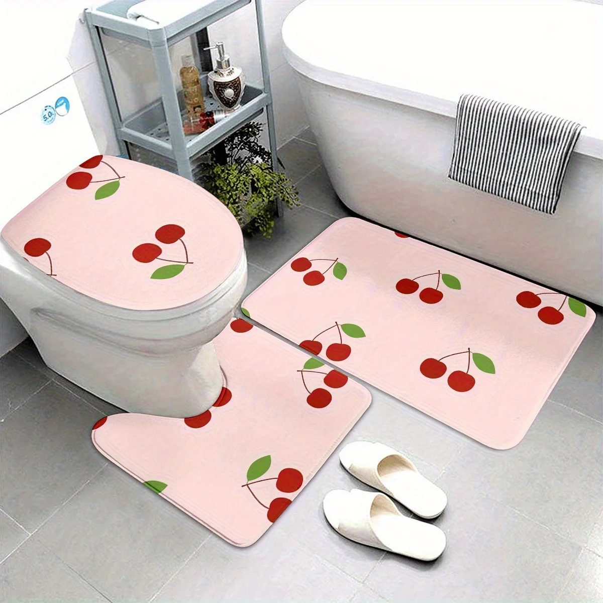

Cute Cherry Print Bathroom Mat Set 3 Piece Home Decor Bath Mat Toilet Rug and Indoor Slippers