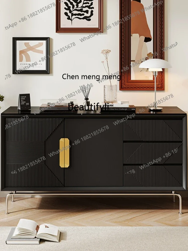 

ss7304 Nordic Solid Wood Sideboard Rock Surface Living Room Storage Cabinet Curio Cabinet Black Locker Entrance Cabinet
