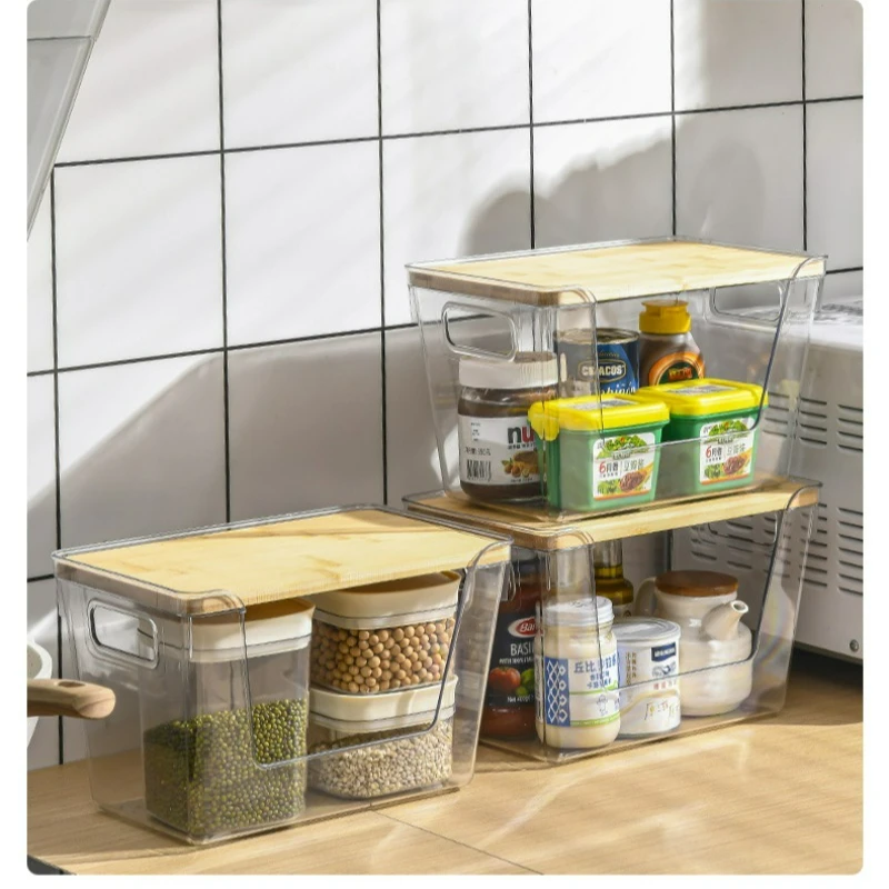 

Домашний настольный ящик для хранения, кухонная столешница, приправа, многофункциональная корзина для хранения, штабелируемая кухонная корзина для хранения с бамбуковой крышкой