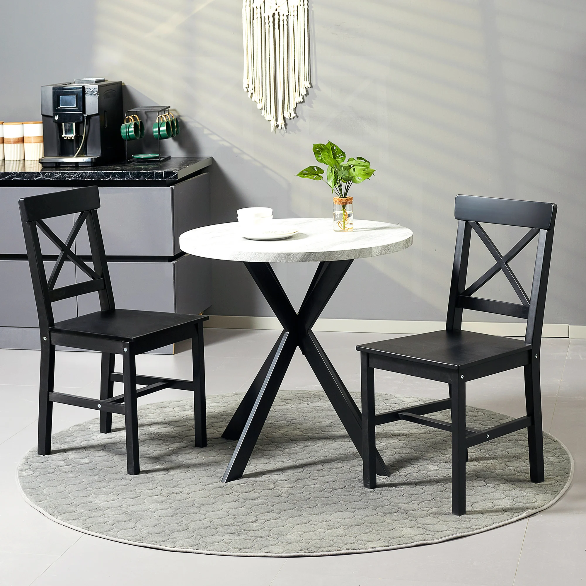 

Homcom Farmhouse Wooden Dining Chairs Set of 2 with Cross Back Black