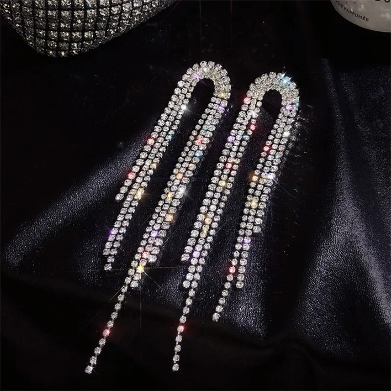 Long Tassel Rhinestone Drop Earrings For Women Shining Crystal Statement Dangle Earrings 2022 Fashion Wedding Jewelry Gift