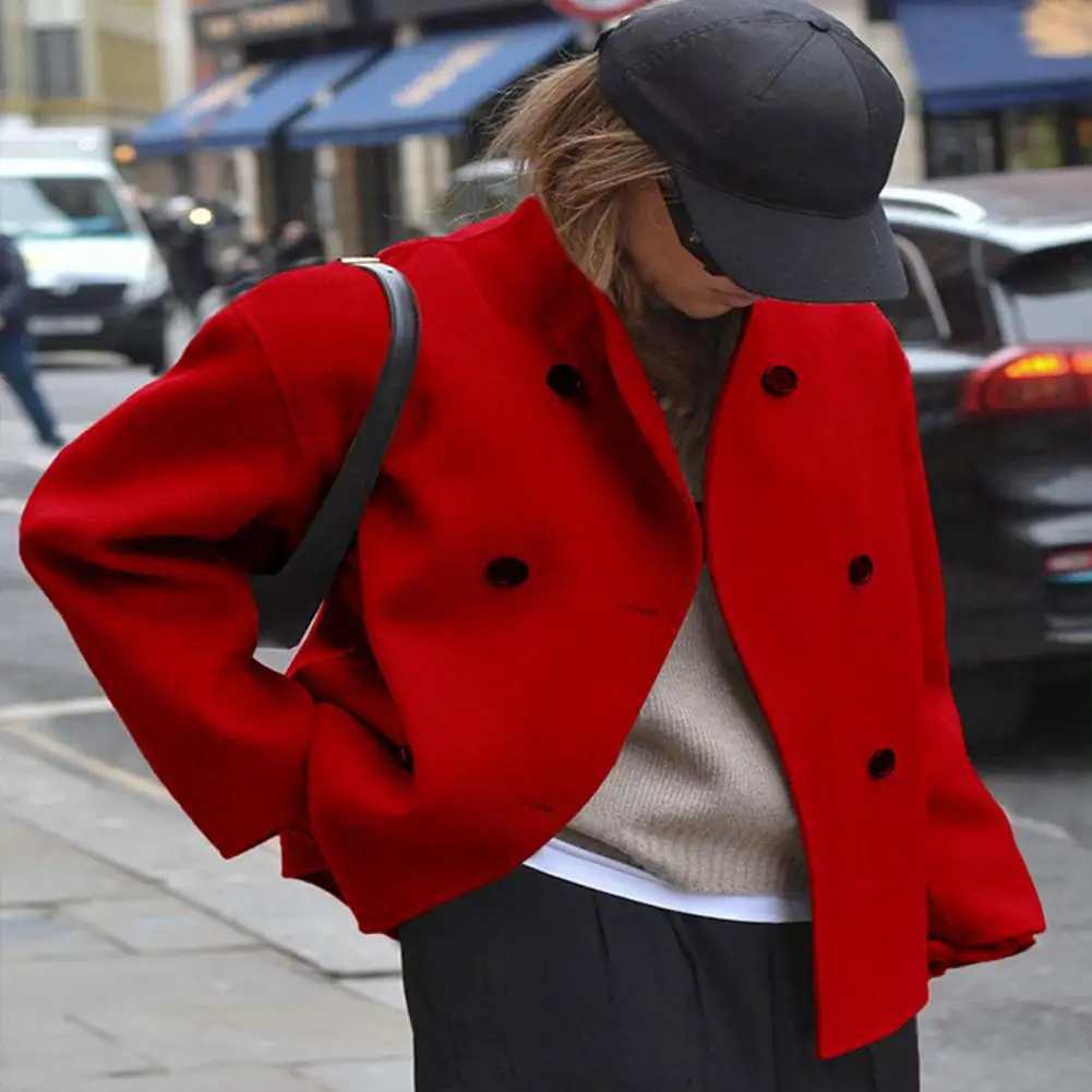 

Casual Turtleneck Women's Woolen Coats Stand Collar Double Breasted Long Sleeve Pockets Jackets 2025 Autumn Winter Lady Outwear