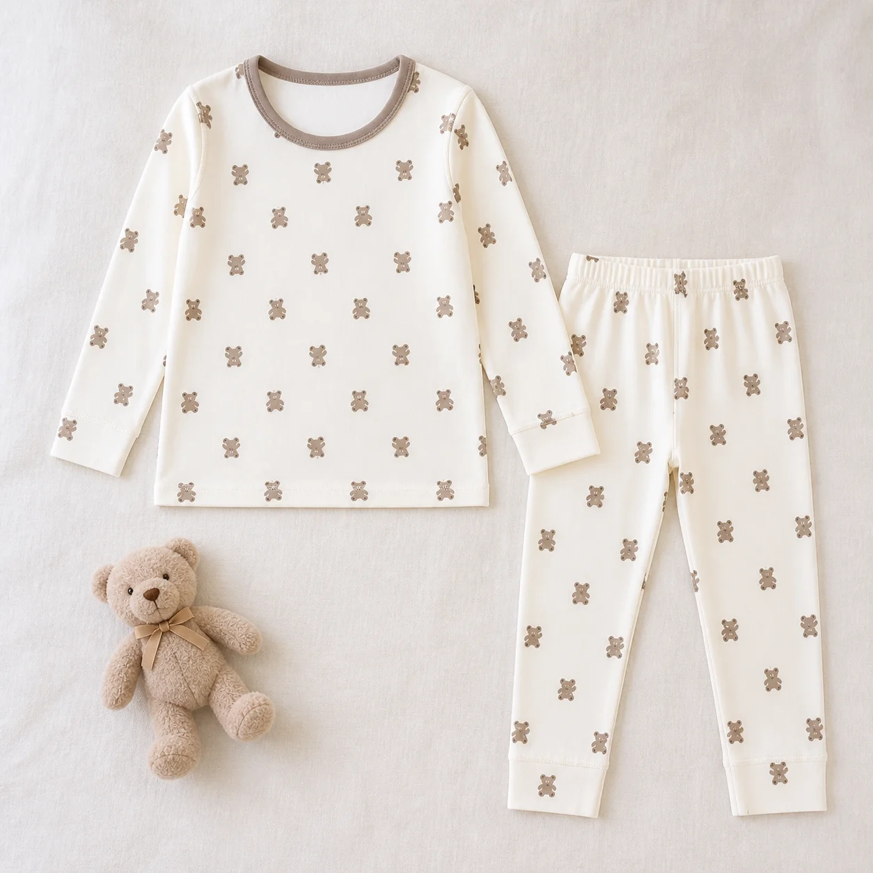 Kids Bear Print Pajama Set, Long Sleeve Top and Pants, 2-Piece Loungewear