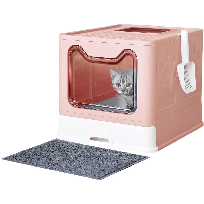 Cat Litter Box with Litter Mat and Scoop, Large Foldable Litter Box with Lid, Front Top Entry Exit Kitty Box