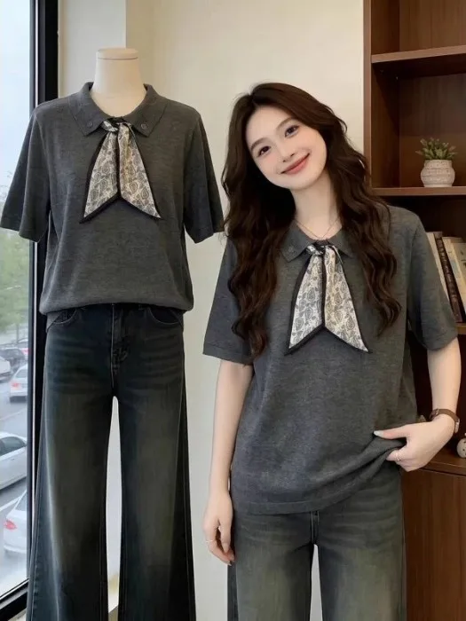 

Loose Fit Neck Short Sleeve T-Shirt with Grey Silk Scarf for plus Size Women Breathable Skin-Friendly Summer Top