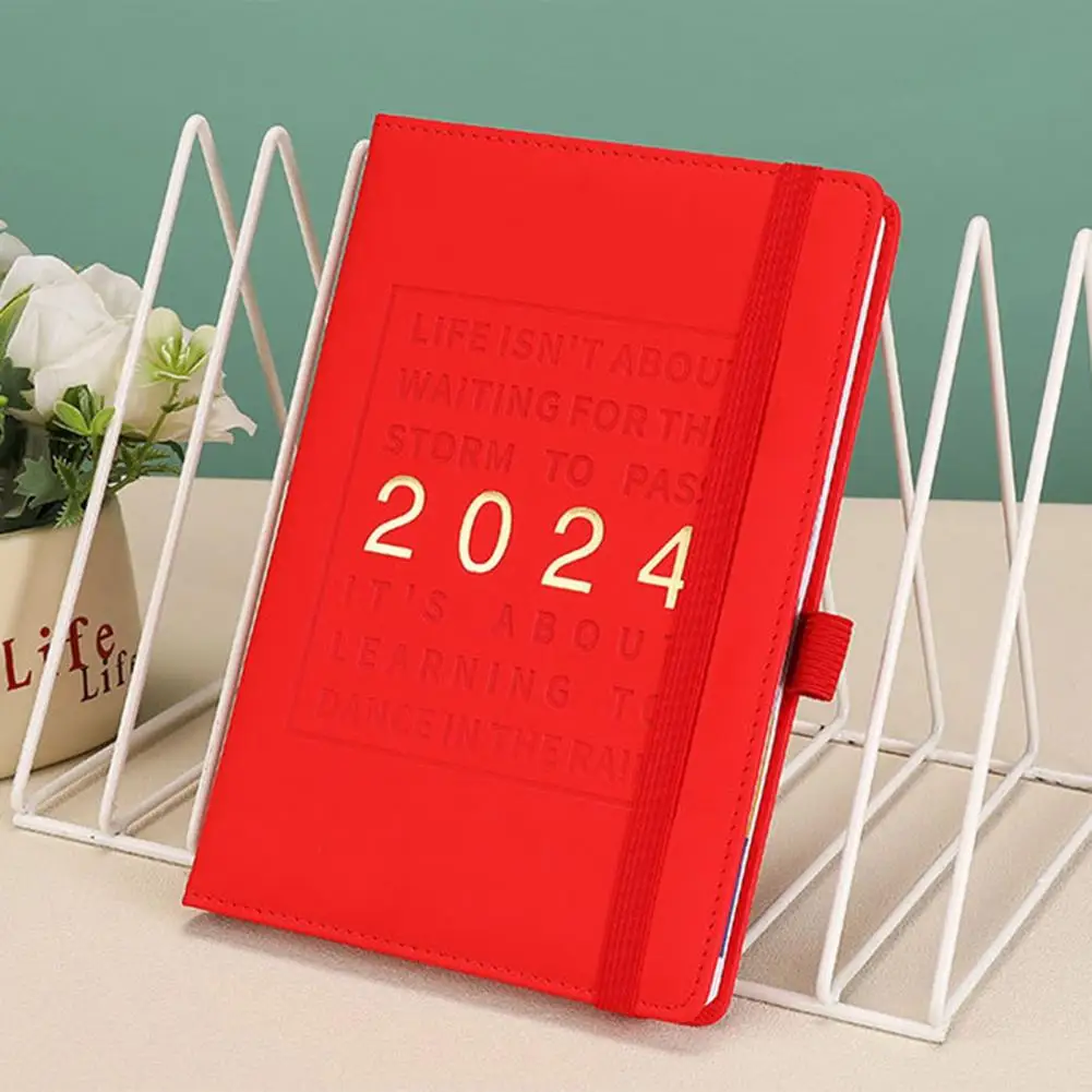 플랫 노트북 어젠다 노트북 2024 플래너, 인조 가죽 커버, 월별 주간 어젠다, 달력 포켓