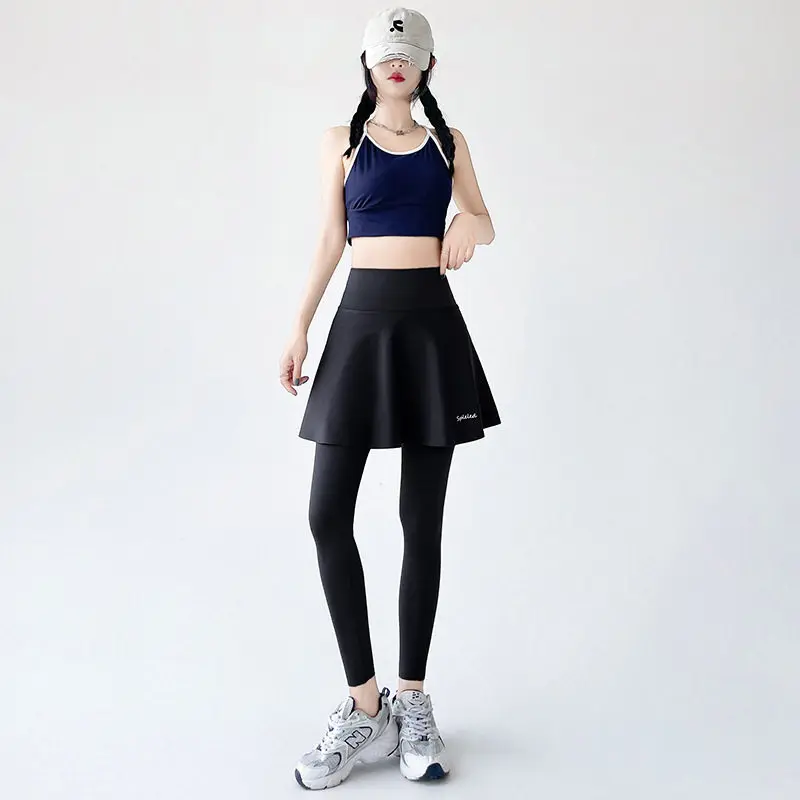 Pantaloni da yoga a vita alta Pantaloni da donna finti in due pezzi con gonna in pelle arca Controllo della pancia Sollevamento del sedere Primavera Estate Materiale sottile