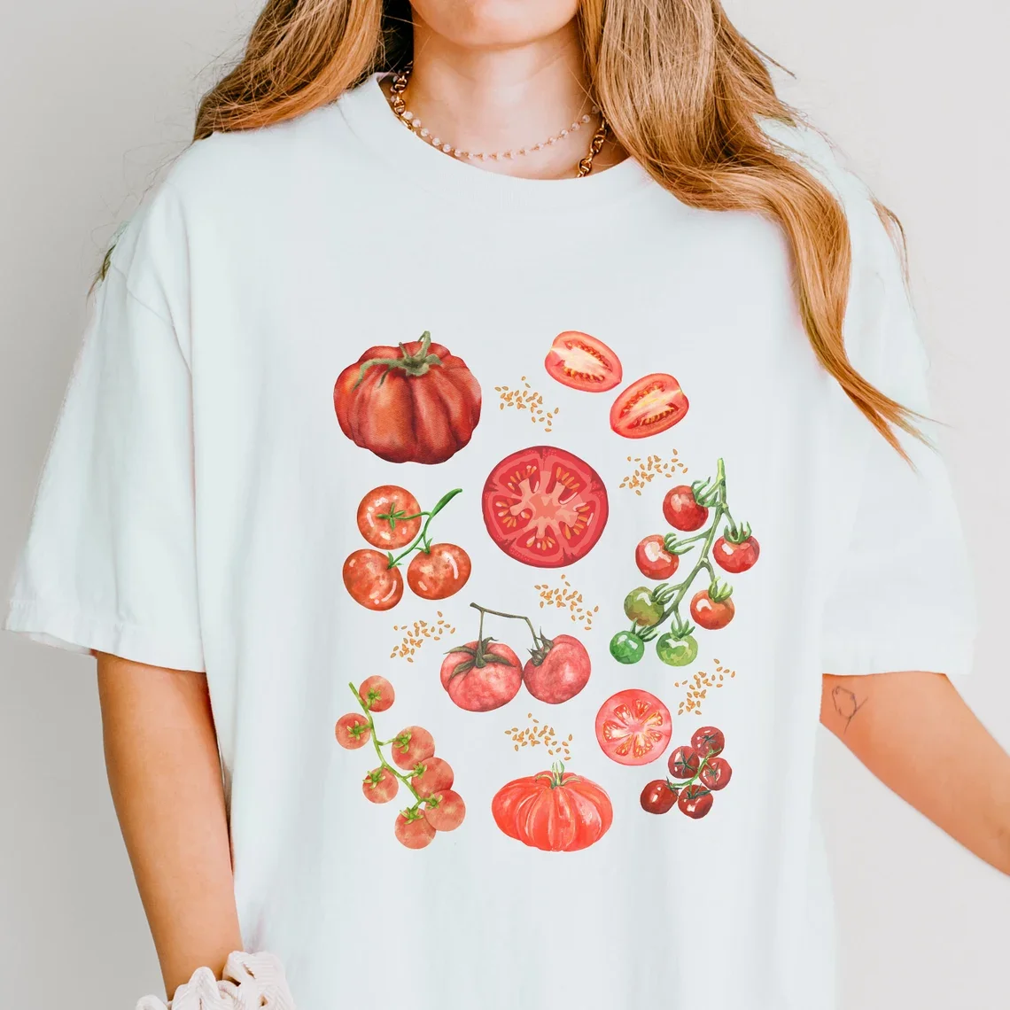Summer Farm Vegetable Graphic T Shirt Watercolor Sliced Cherry Heirloom Tomato Vine Print Unisex Cotton Garden Lover Casual Tee