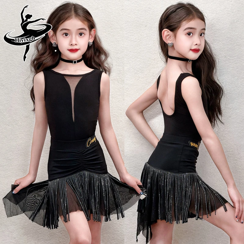 

Детская одежда для латиноамериканских танцев 2026: Черный танцевальный костюм без рукавов для девочек, комплект для выступлений по самбе и ча-ча-ча, для тренировок