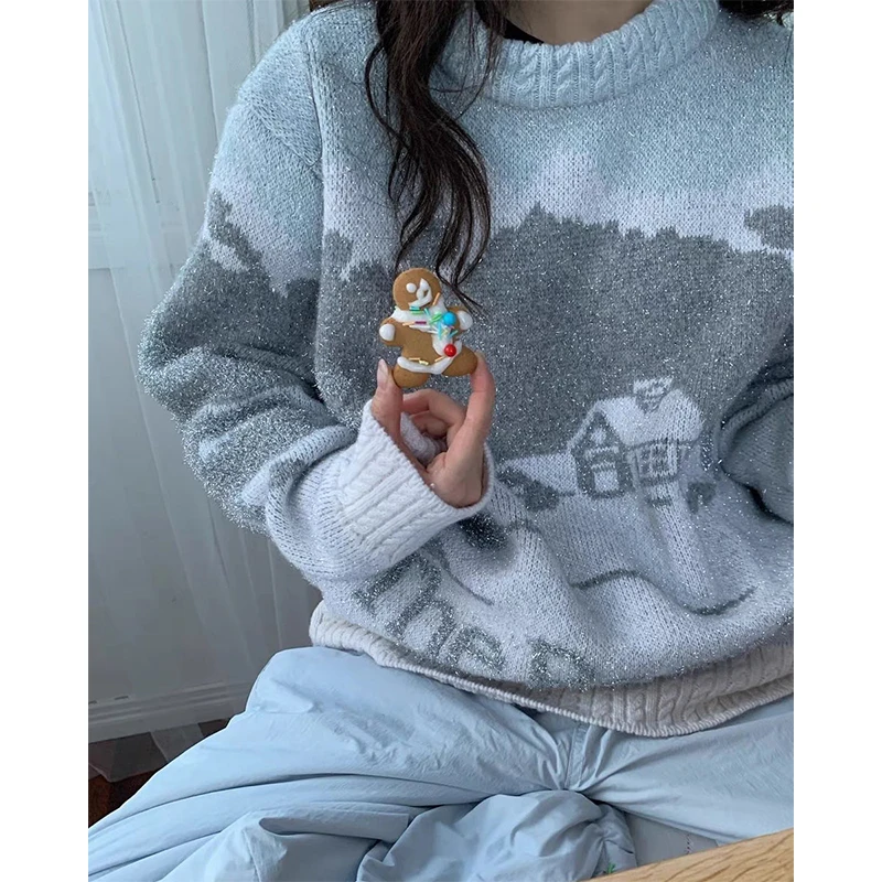 Selfwill Sweet and Cute South korea Dongdaemun 24 Autumn Barai Silver Line House Letter Pattern Loose Sweater Women