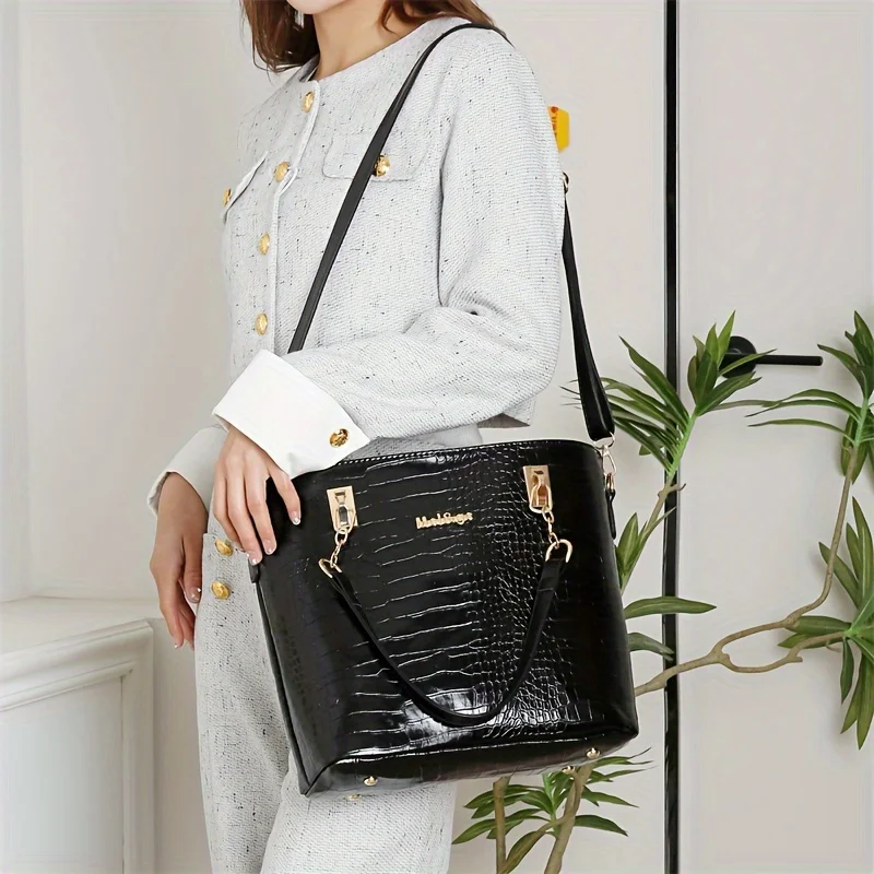 6pcs Vintage Women\'s Bag Stylish Lacquer Crocodile Print Leather Handbag set Daily Commute Tote Shoulder Bag For Women Purse