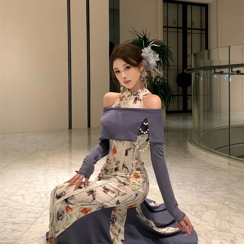 

Бархатный комплект с эффектом похудения, вязаный топ и юбка на одно плечо для женщин, осень 2023, длинный ансамбль Све Све Свевы