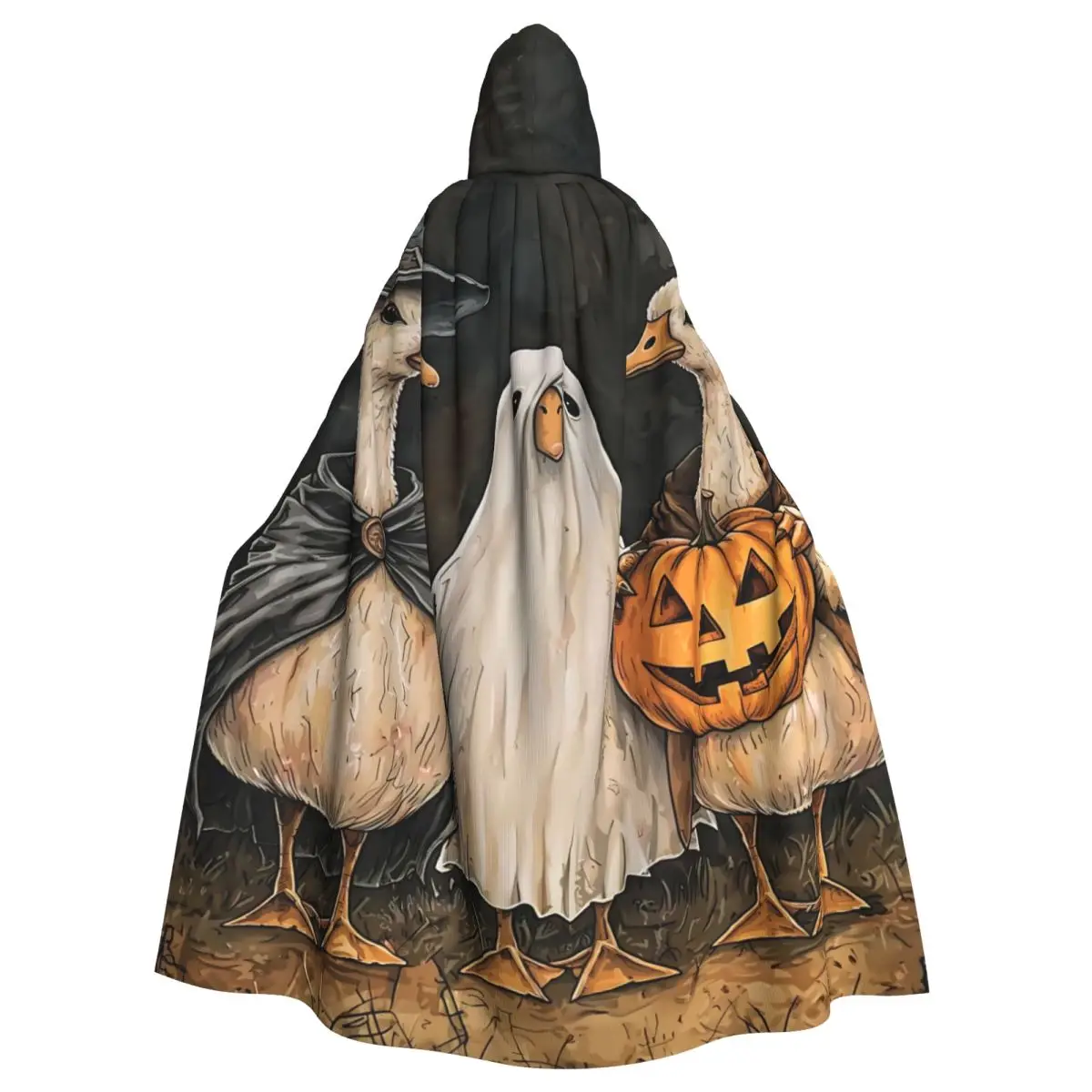 Aldult Spooky Goose Halloween Cloak with Hood Pumpkin Bats Grim Reaper Robe Costume for Party