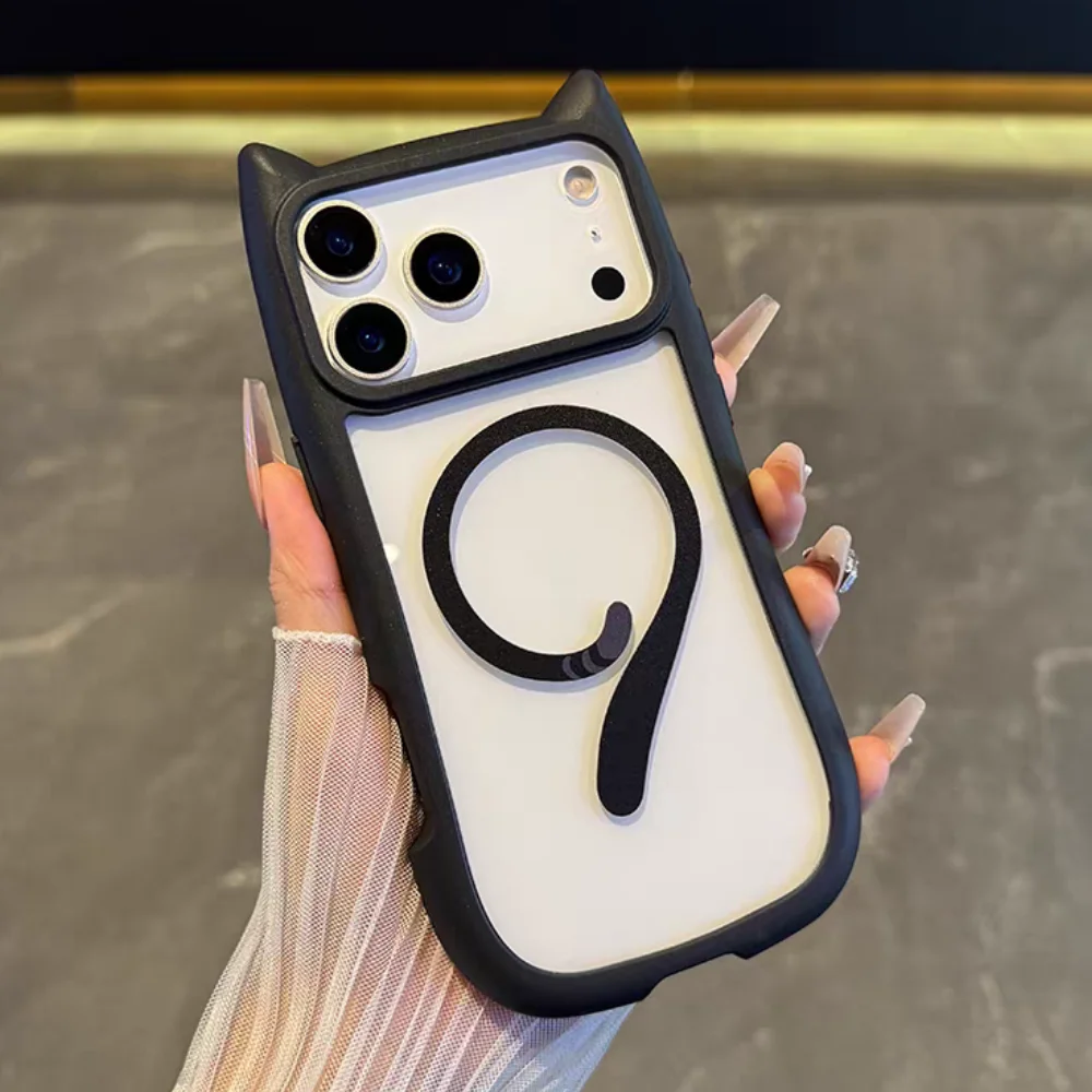 Funda Magsafe con orejas de gato para iPhone 17 Pro Max 17 Air 13 14 15 16 Pro Max, correa para muñeca, cordón, cubierta magnética transparente para armadura de PC