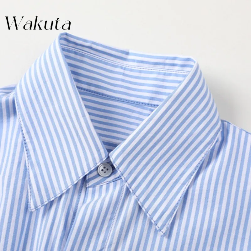 WAKUTA French Trend Lapel Long-sleeved Striped Shirt Fall New Retro Fun Cute Cartoon Shirt Fashion Commuter Blouses Y2K Clothes