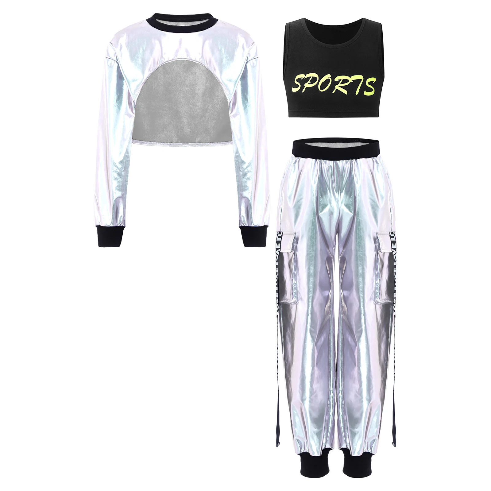 

Детская одежда для современных джазовых танцев в стиле хип-хоп для девочек, металлический глянцевый пуловер, топ со спортивной майкой, брюки, уличная одежда для выступлений на сцене