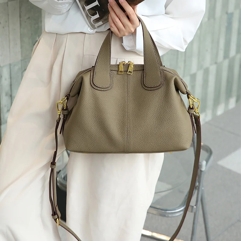 Top Handle Bag Genuine Leather Durable Pebbled Leather Crossbody Satchel Purse Office Lady Casual Shoulder Bags