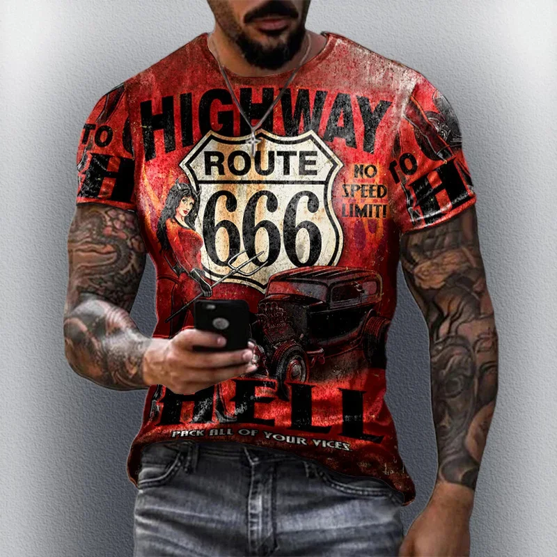 2025 الصيف الرجال الرجعية الطريق 66 سباق الدراجات النارية المتضخم الرجال التجفيف السريع تي شيرت مريح موضة الاتجاه فضفاض عادية