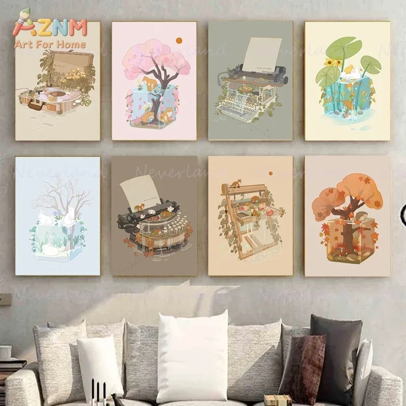 AZNM Cute Cartoon Canvas Print Typewriter Book Box Forest Animal Cherry Blossom Four Season Warm Soft Illustration Unframed Wall