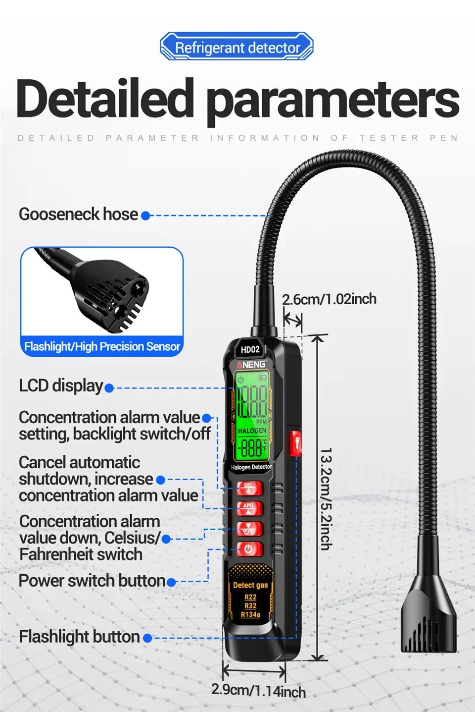Kältemittelgas-Leckdetektor ANENG HD02 Klimaanlagen-Detektor Halogen-Detektor Hochempfindlicher R22/R32/R134a Lecktester – Detail 11