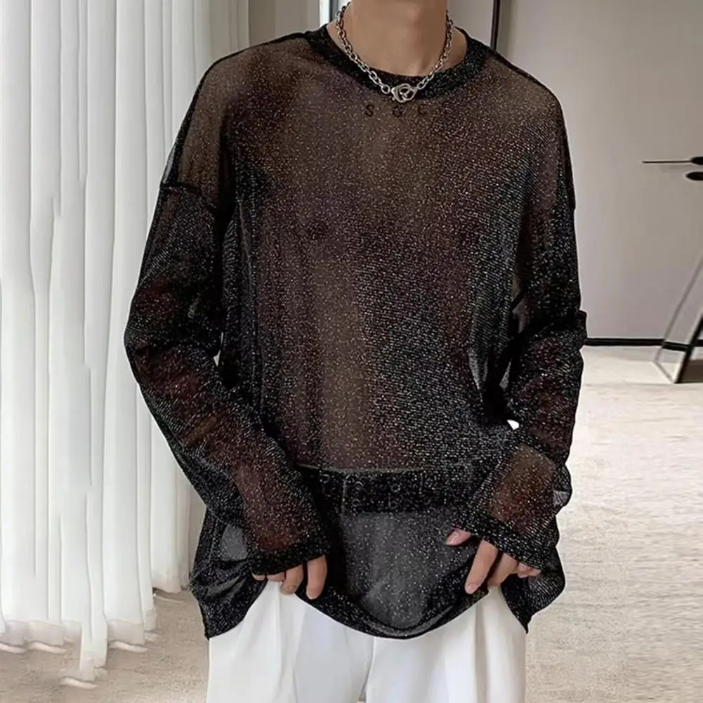 

Men T Shirt O-neck Mesh See Through Long Sleeve Sexy Streetwear Party Homewear Nightclub Tee Tops Men