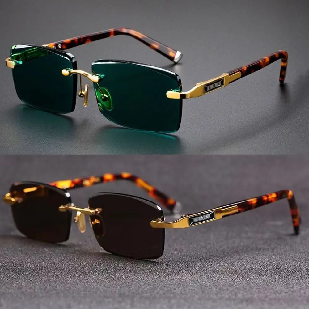 Retro Frameless Men's Sunglasses Green Crystal Stone Leopard Print Cycling Goggles Metal UV Protective Driving Glasses