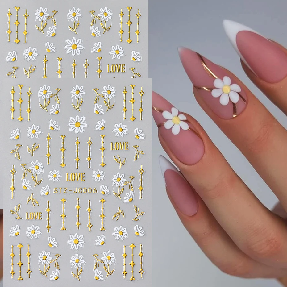Adesivi per nail art con fiore margherita Linee francesi abbronzanti Fiore di giglio Girasole Design Decalcomanie per unghie autoadesive per San Valentino