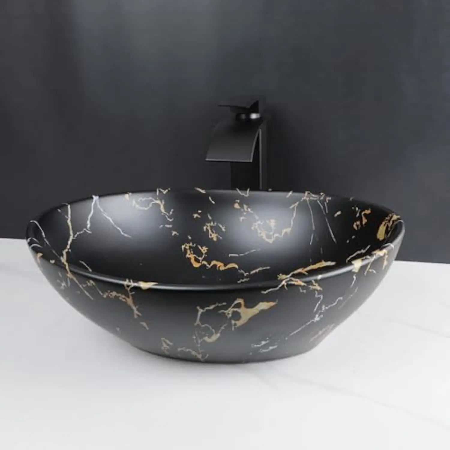 

Bathroom Vessel Sink,Black Vessel Sink,Oval Ceramic Vessel Sink with Waterfall Faucet and Pop-Up Drain,Bathroom Sink Above Coun