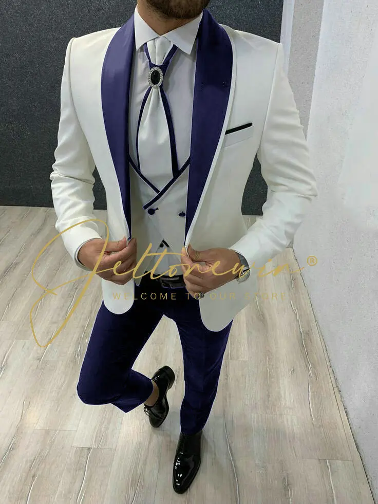 Fashion 3 Piece Men Suits for Wedding Party Business Formal Groom Tuxedos Shawl Lapel (Blazer+Vest+Pants) Slim Fit Costume Homme