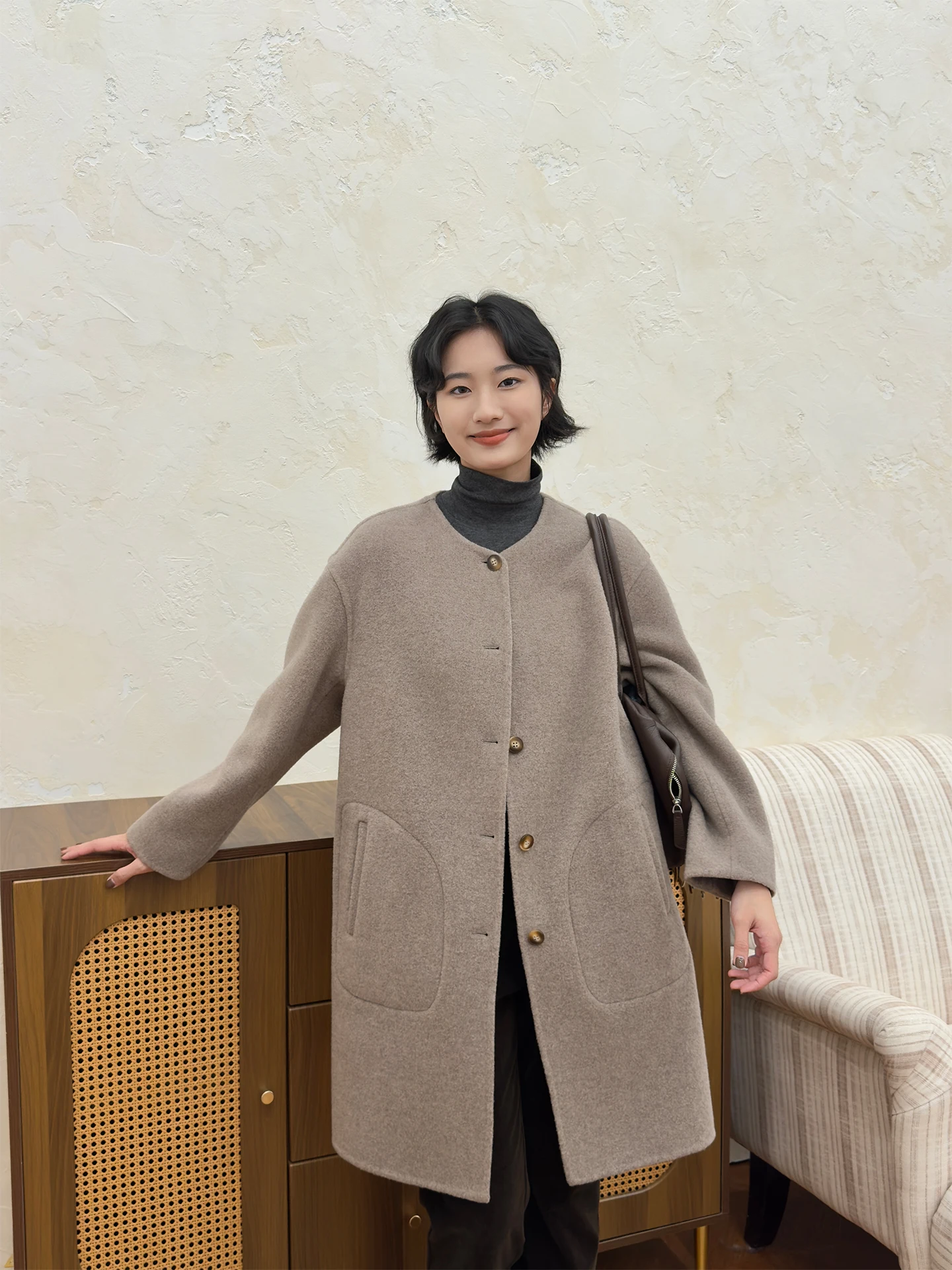 

Jiuxiaoya Oaeal Versatile 2026 Spring New Simple round Ne Single Button Pure Wool Coat Women Casual Sle Long Sve Med...
