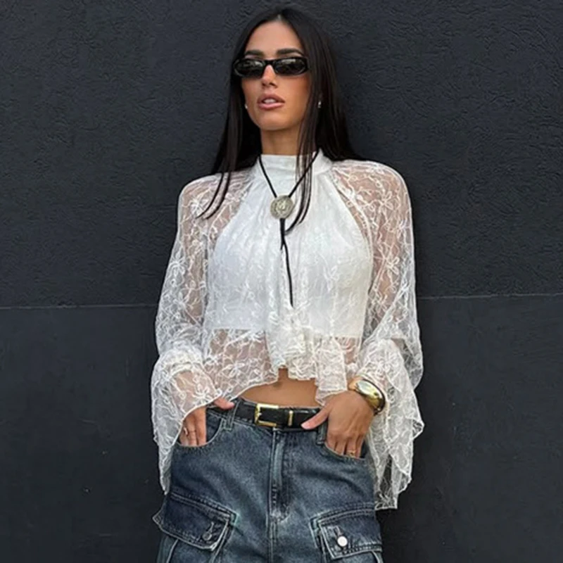 

Tornova 2026 Spring New Lace Jacquard T shirt See Through Turtleneck Commuting Top Casual Flare Long Sleeve Female White Blouse