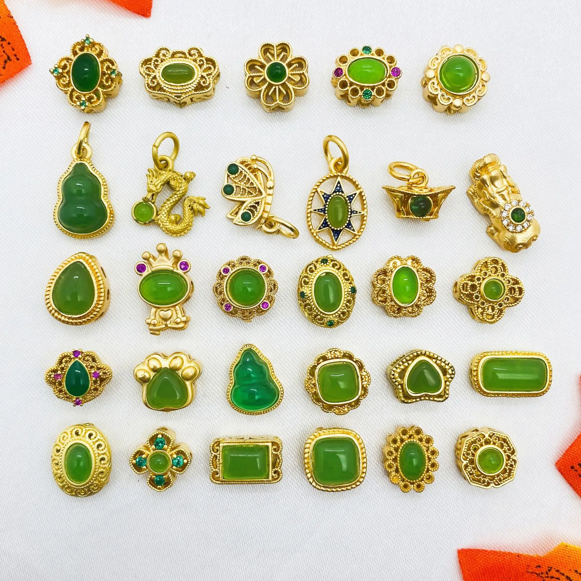 10pcs Copper-plated Inlaid with Green Cat Eye Stone Bead Accessorie DIY Handmade Bracelet Necklace Jewelry Making Bead Wholesale